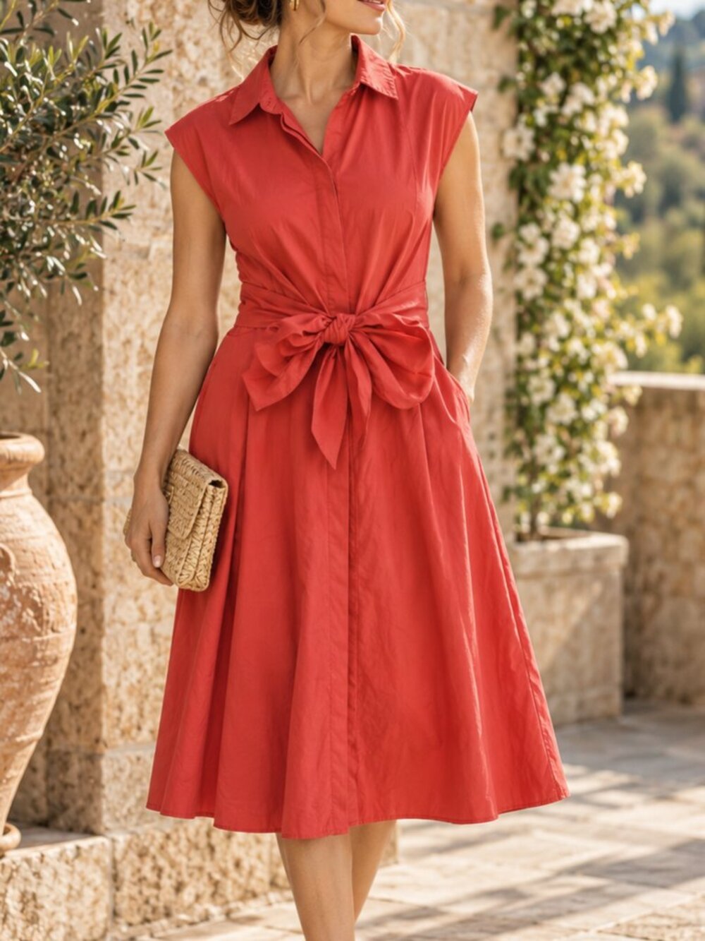 Lafayette 148 New York Coral Cotton Tie Front Sleeveless Midi Shirt Dress L